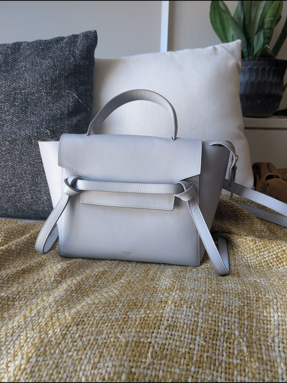 Light Blue Gray Leather Belt Bag